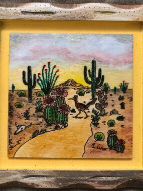 Roadrunner’s Path Wood Burned Framed Art 6 X 6